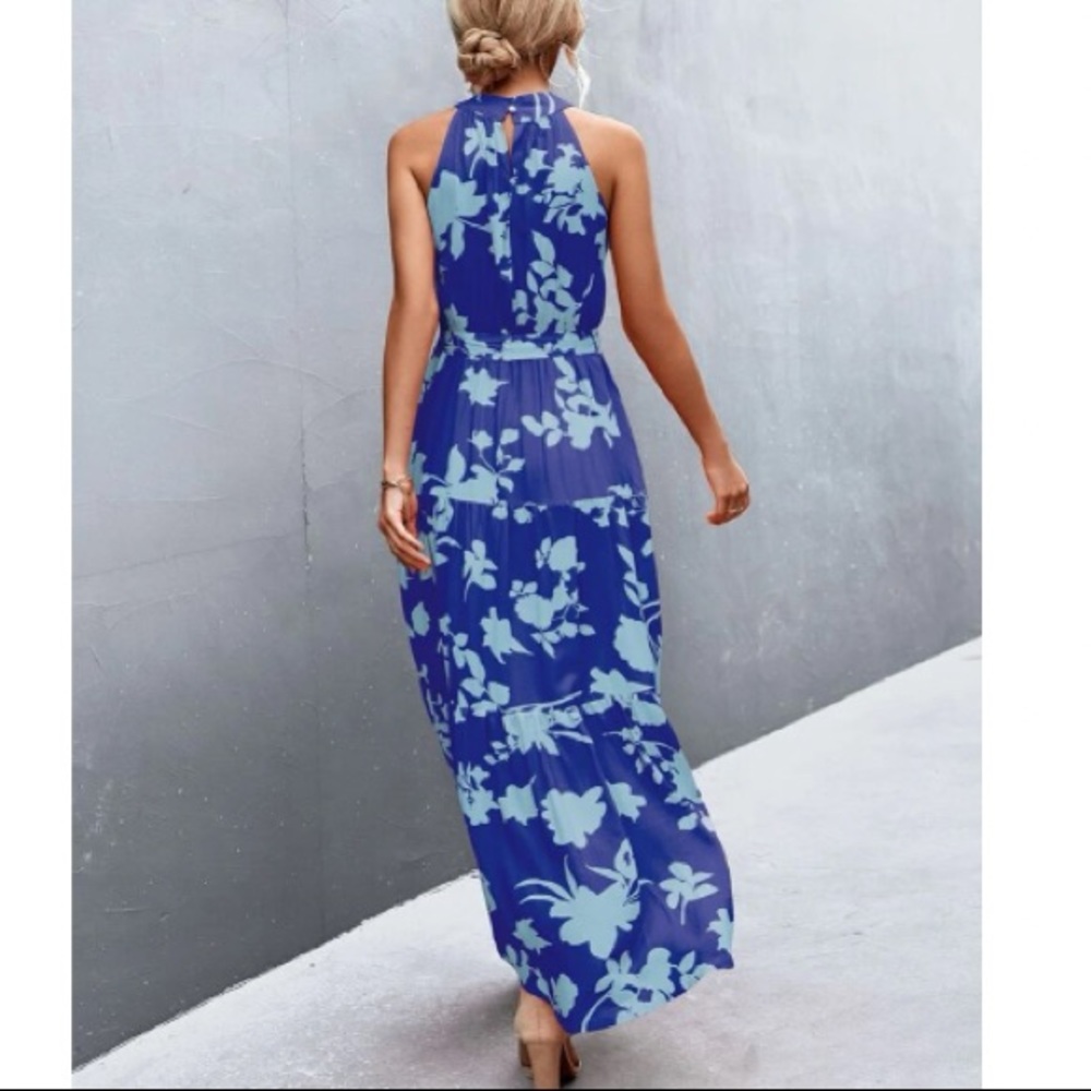 Boho blue floral print belted halter maxi dress - Picture 16 of 16